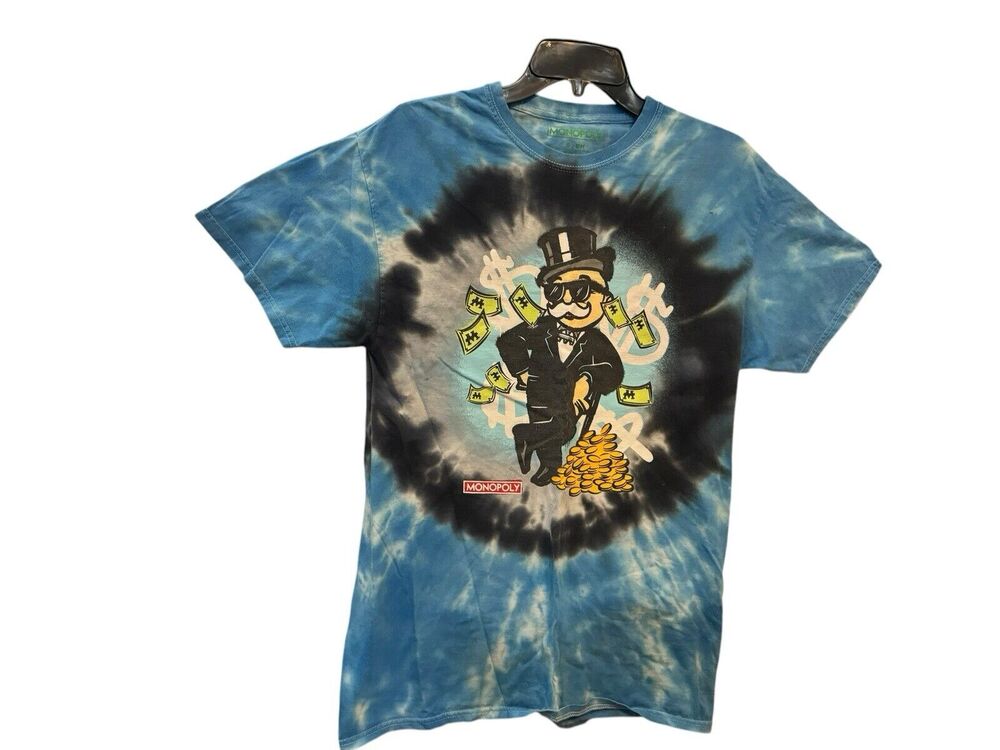 Monopoly Man Tie Dye Money Dollars Coins T Shirt Small Blue